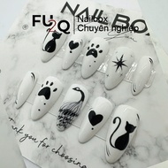 Nailbox FU2Q - Short Pointed Fake Nails, Yearbook Photos with Cute Black Cat Pattern