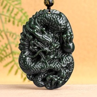 TIMESWIND Retro Natural Jade Dark Green Zodiac Dragon Necklace for Men With Certificate Y1N