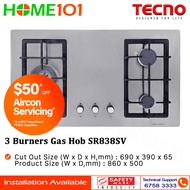 Tecno Stainless Steel Cooker Hob 3 Burners  SR838SV - LPG / PUB - FREE INSTALLATION