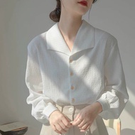 White Blouse Women Solid Color Texture Design Long Sleeve Shirt Loose Baju Wanita Blaus