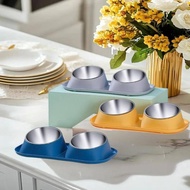 (time) 1pc Stainless Steel Double Cat Dog Bowl Cat Food Container Non-slip Base Pet Water Feeder Til