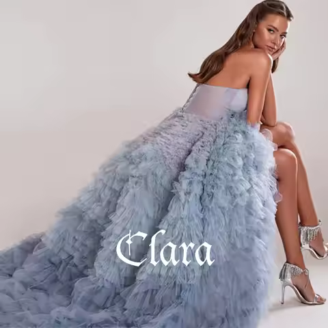 Clara Blue Tiered Ruffles Evening Dresses Luxury Dubai Ball Gown Prom Dress for Women Wedding Party 