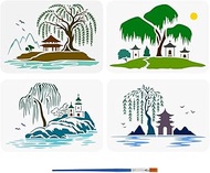 FINGERINSPIRE 4 PCS Willow Scenery Stencils for Painting 8.3x11.7inch with Paint Brush Willow Trees 