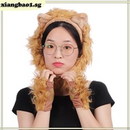 10MK Halloween Costume Lion Plush Ears Headband Tail and Paws Kit Lion Fingerless Costume for Adults