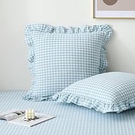 2 Pack Light Blue White Plaid Ruffle Gingham Euro Pillow Sham Covers, 100% Washed Cotton Checkered F