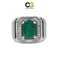 CG Natural Emerald (Certified) Oval Cut 2.39ct Silver Men’s Ring with Moissanite Baguette Accents