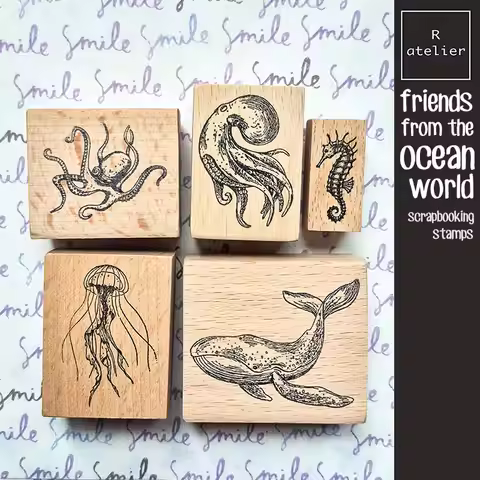 Ocean Life Stamp Scrapbooking Journaling Diary Decoration Kawaii Seahorse Jellyfish Whale Wooden Sta