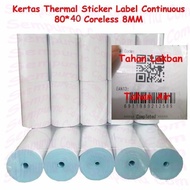 Kertas Thermal Label Sticker Continuous Resi 80 x 40 Coreless 8 MM
