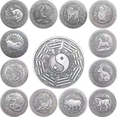 12pcs Chinese Zodiac Animal Coin Lucky Coin Gossip Feng Shui Coins Chinese Year of Goat Copy Antique