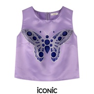 iCONiC PURPLE BUTTERFLY PAINTING TOP #5304 เสื้อแขนกุด ผ้าไหม พิมพ์ลาย ดอกไม้ อก34" ยาว18" เอว33" เส