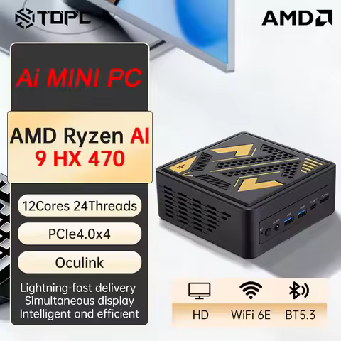 TOPC AMD Ryzen AI 9 HX 470 MINI PC 2*DDR5 2*M.2 2280 SSD Windows 11 Pro Wifi6E BT5.3 OCulink Desktop