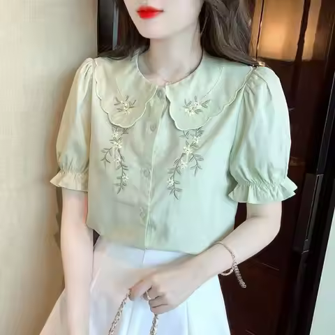 Women's Peter Pan Collar Blouse Short Puff Sleeve Floral Embroidery Casual Top Shirt