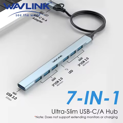 WAVLINK USB Hub 7-IN-1 USB-C Hub with USB-C to A Adapter 5Gbps USB3.0 Plug & Play Compatible with Wi