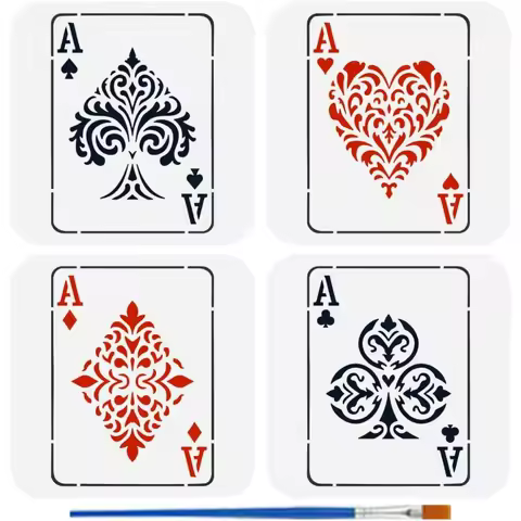 4PCS Playing Cards Painting Stencil with Paint Brush 5.9x5.9inch Playing Card Suits Stencil Plastic 