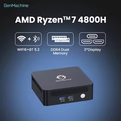 Genmachine AMD Ryzen 7 4800H ,8C16T 4.20 GHz, TDP:45W Mini Desktop Computer Dual M.2 SSD Dual HDMI 4