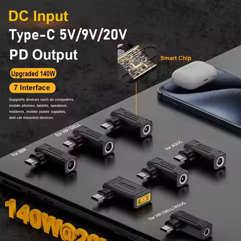 PD 140W DC to Type C Converter 5/9/20V Square Mouth Laptop Charging Plug Mobile Phone 5.5X2.5 7.4X0.