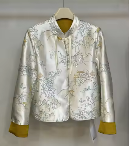 Chinese Style Vintage Luxury Elegant Costume Spring Fall Dobby Floral Beige Imitation Silk Coat , Wo