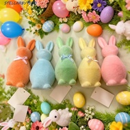 STELLARBYTE Easter Bunny Statue, with Bow Solid Color Flocked Rabbit Figures, Handmade Plush 3D Stan