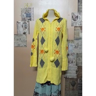 Japanese women's long yellow woolJacket with ca8 pattern