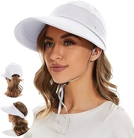 Sun Hat Womens Summer Beach Hats Wide Brim Packable Sun Visor with UV Protection Golf Hat with Ponytail Hole White Sunhat Cap