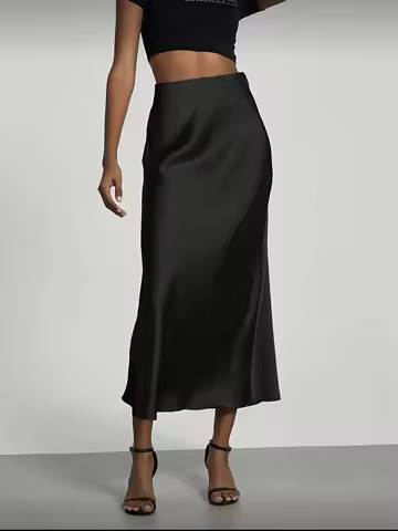 Women's Satin Midi Skirt, High‑waisted Slim Straight, Elegant Draping, Mature Versatile for Commute,