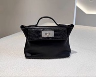 Hermes 黑銀 mini 2424 touch 霧面鰐魚 B刻 有肩帶