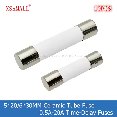 10PCS 5*20/6*30MM Slow-Blow Ceramic Tube Fuse T0.5A 1A 1.6A 2A 2.5A 3A 3.15A 4A 5A 6.3A 8A 10A 12A 1