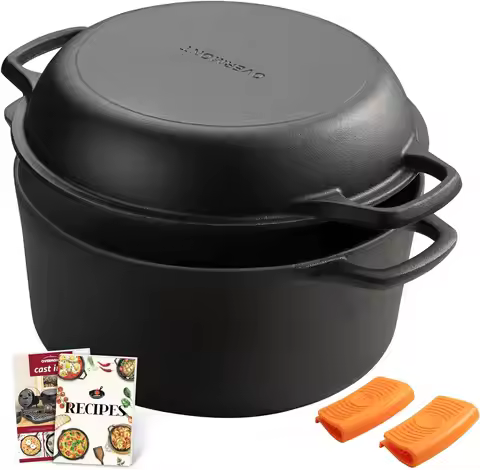 2-in-1 Cast Iron Dutch Oven with Skillet Lid, 7QT Pre-Seasoned for Baking Frying Camping - Oven-Safe