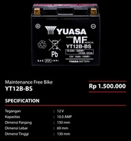 Aki Motor Yuasa YT12BBS 12V 10Ah Cargo