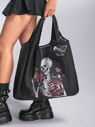 ROMWE Goth 2 件/套深色風格幽靈、玫瑰和骷髏圖案可折疊手提袋,帶拉鍊袋,大容量便攜,可用作購物袋、休閒手提包或零錢包 #392453