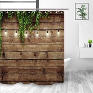 Vintage Rustic Wooden Board Door Shower Curtain Green Leaves on Farmhouse Country Wood Plank Polyest
