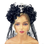 BS Halloween Mesh Skull Hair Hoop Day of the Dead Simulation Flower Black Spider Headband Black Veil