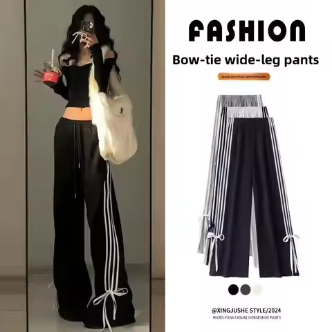 Plus Size Y2K Wide Leg Pants XL-6XL: Bow Tie Detail & Racing Stripes, Straight Cut Trousers for Curv