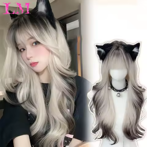 LM Natural Blonde Yellow Long Wavy Synthetic Hair Wigs with Bangs Women Body Wave Afro Female Wigs C