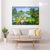 Tranh hồ sen đồng quê gỗ lụa 90x60