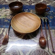 Mangkuk kayu sudu garfu kayu cawan kayu wooden cutlery set mangkuk kayu chopsticks spoon and folks wooden