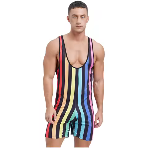 Muscle Men Rainbow Striped Jumpsuits Wrestling Singlet Competition Workout Outfits Sleeveless Summer