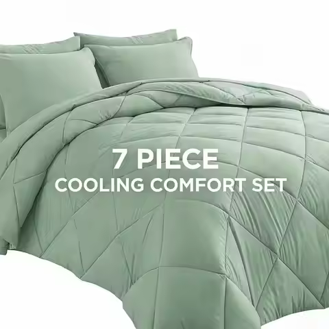7Pcs Reversible Comforter Set Soft Breathable All Season Bedding Set Quilt Flat Fitted Sheet Pillowc