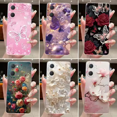 Case for Vivo Y03 Y03T Y18 Y18S Y28S 5G Aesthetic Luxury Fashion Butterfly Flowers Clear Silicone So