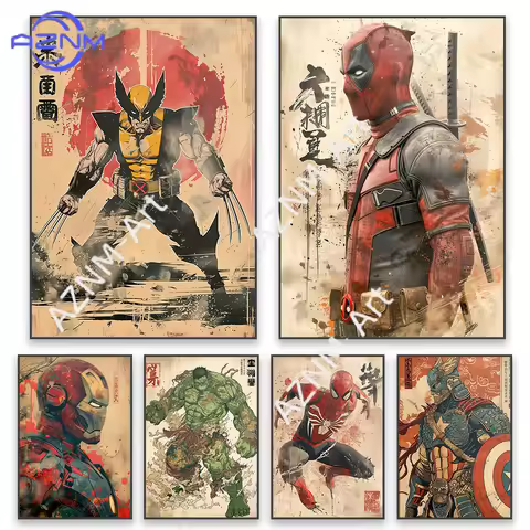Deadpool Wolverine Art Poster Superhero Hulk Classical Japanese Style Prints Iron Man Spider Man Can