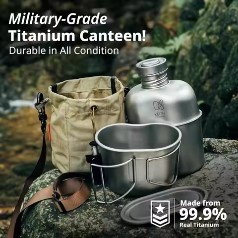 Keith Titanium Bottle Outdoor Camping Hiking Canteen Ti3060 Mess Kit Military Water Bottle Set - New