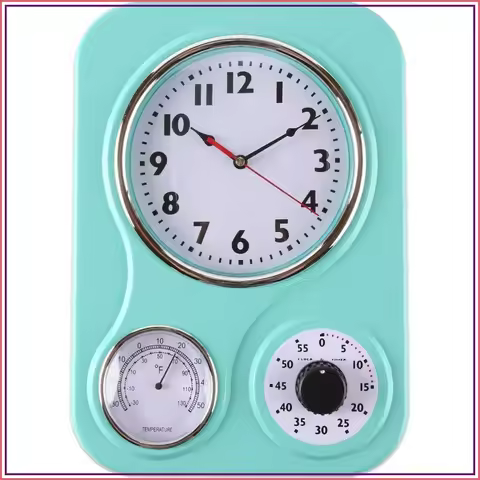 Retro Kitchen Wall Clock with Thermometer and 60-Minute Timer, 9.5x12.5 Inch, Turquoise