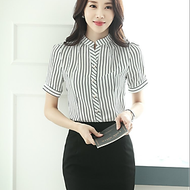 Áo sơ mi nữ công sở cổ V, áo sơ mi nữ ngắn tay họa tiết kẻ sọc đen trắng thời trang AH33