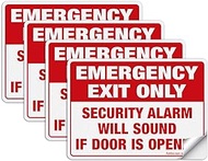 Emergency Exit Only Sticker, Emergency Exit Only - Security Alarm Will Sound If Door Is Opened Label, 4 Pack, 10 x 7 inch Self-Adhesive Vinyl Decal Stickers, Reflective, UV Protected, Waterproof