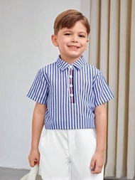 男童時尚藍白條紋下擺領短袖襯衫