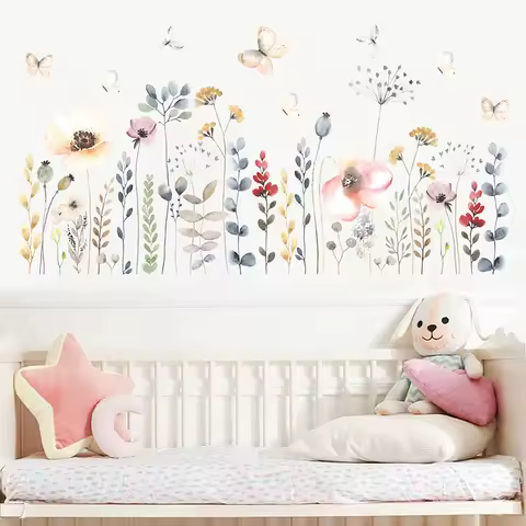 Boho Style Watercolor Flowers Floral Wall Stickers for Living Room Bedroom Baseboard Wall Decals Hom