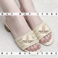 Presbyopic Embroidered Thick Heel Middle Heel Flat Slippers Women's Outer Casual One-word 4.5