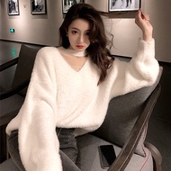 Halter V-Neck Mink Fleece Sweater Women Thickened Autumn Winter Loose Lazy Style Mohair Knit Sweater Top Goddess Fan MC Women C3PW