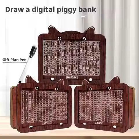 Wooden Kitten Bank Money Box 1000/2000/3000/5000/10000 Storage Cash With Euro Savings Challenge Pen 