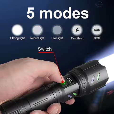 1800Lm Tactical Led Flashlight Type-C Rechargeable, Zoomable 500m Beam Torch, 5 Modes Ipx6 Water Res